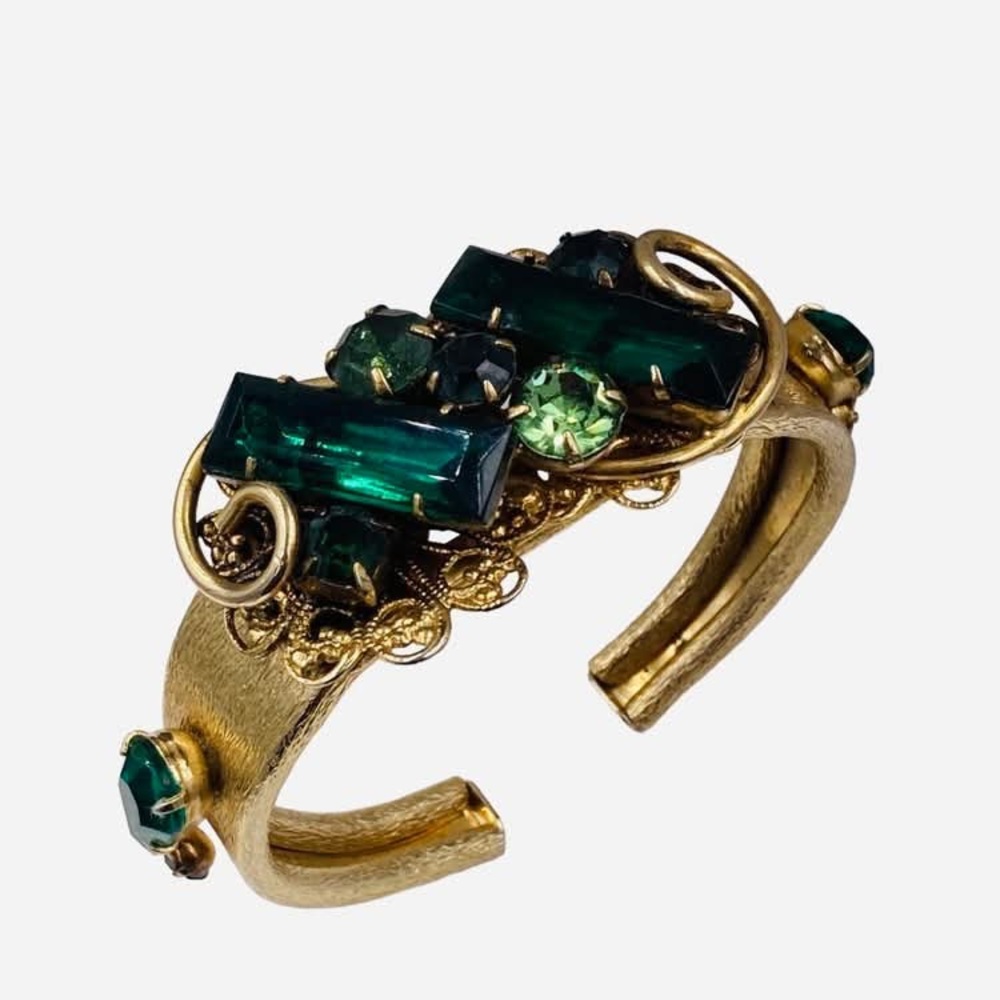 Vintage Teal Green Baguette and Rhinestone Flexible Hinged Bracelet